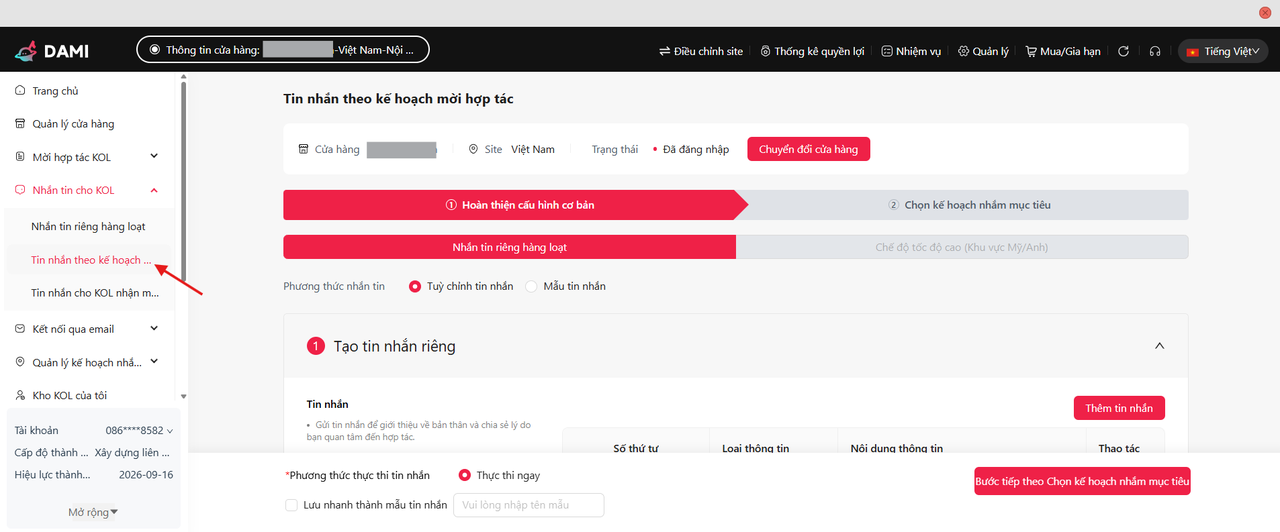 Tin nhắn theo kế hoạch mời hợp tác
