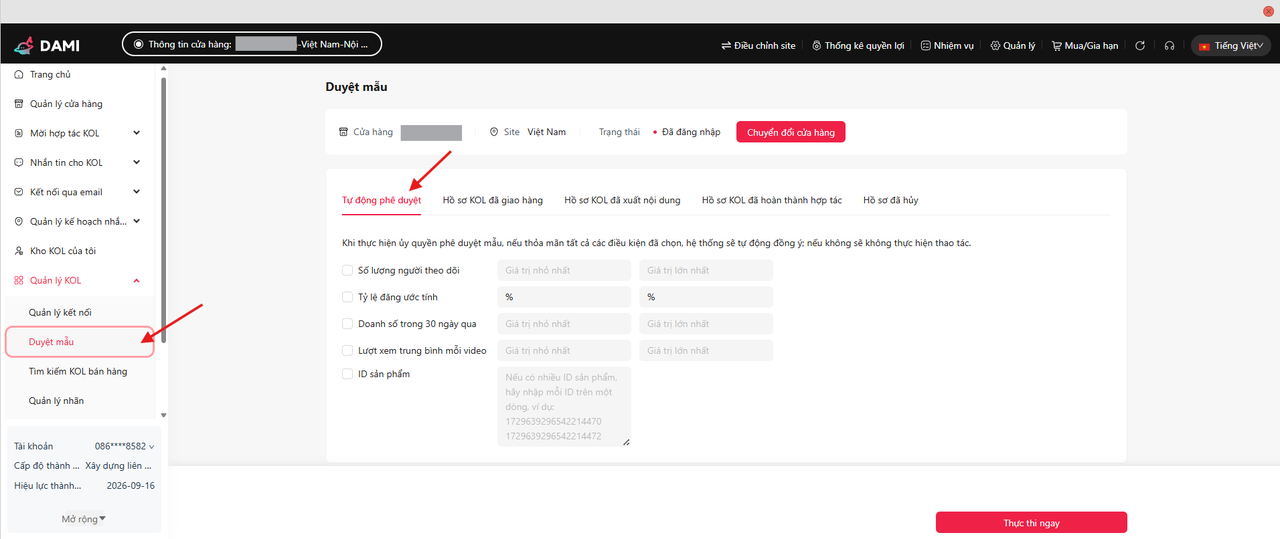 Thiết lập duyệt mẫu tự động