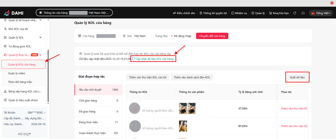 Quản lý KOL cửa hàng