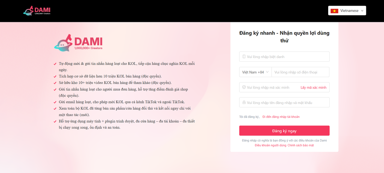 Điền thông tin đăng ký DAMI