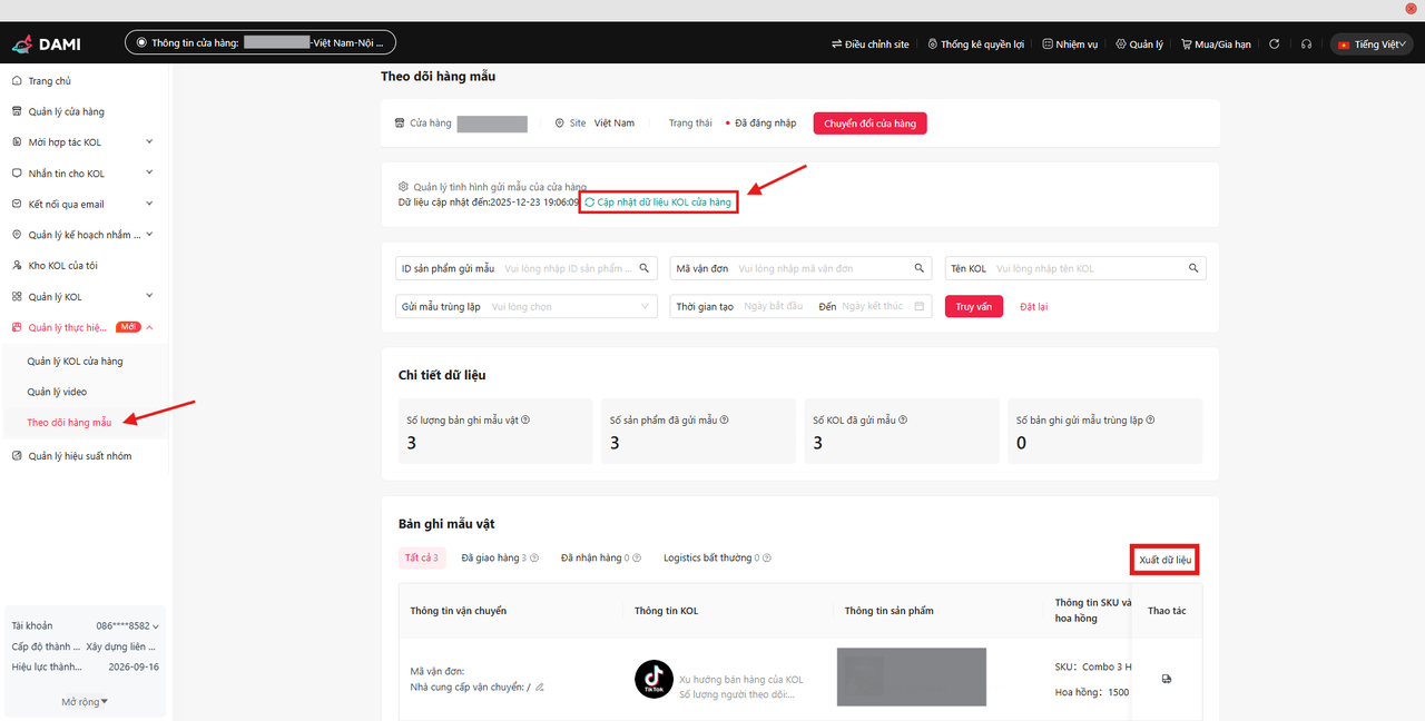 Theo dõi hàng mẫu