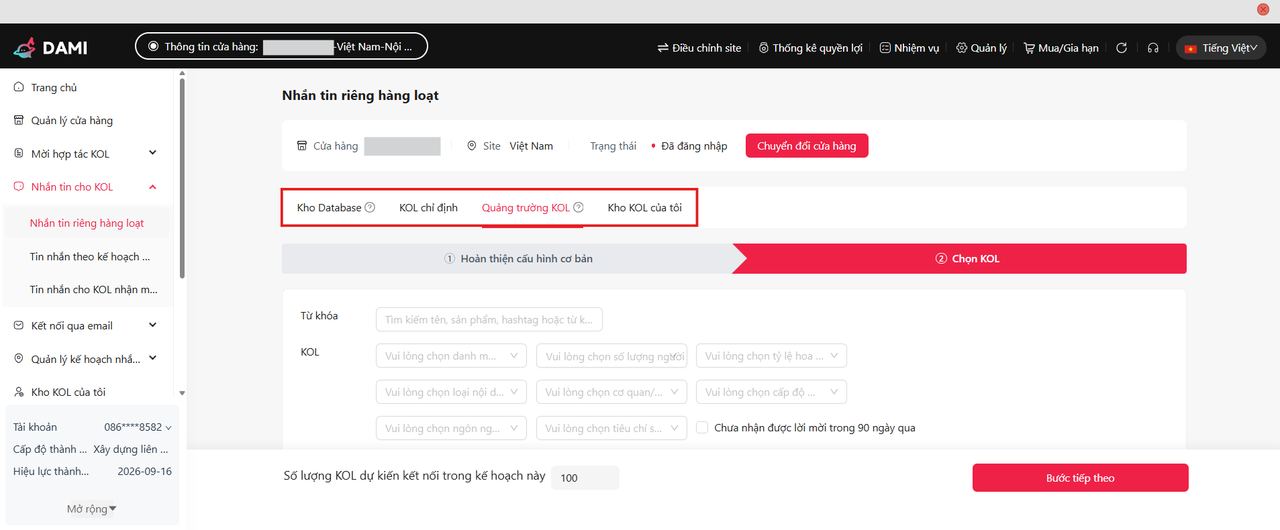 Chọn KOL để nhắn tin