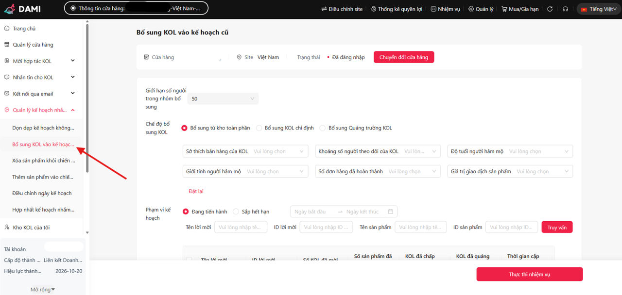 Bổ sung KOL vào kế hoạch cũ