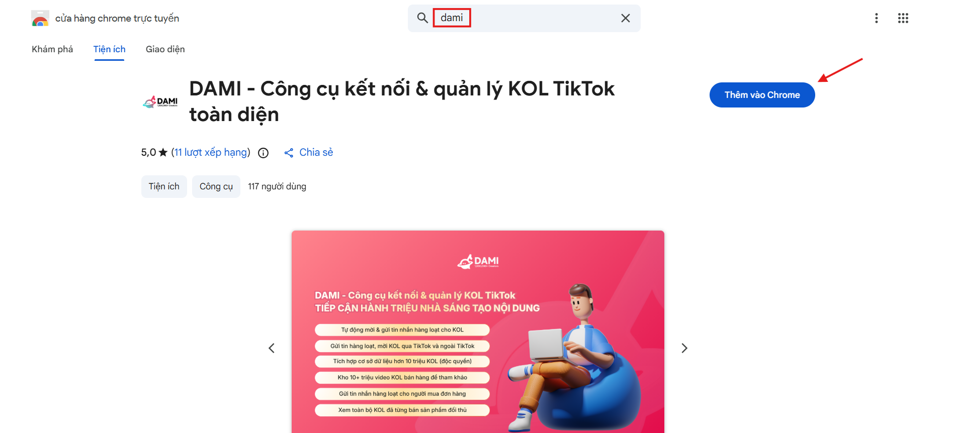 Cài đặt tiện ích DAMI trên Chrome Web Store