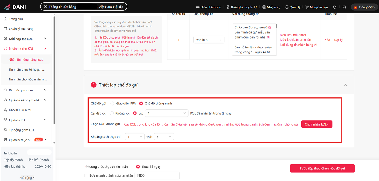 Thiết lập chế độ gửi tin nhắn