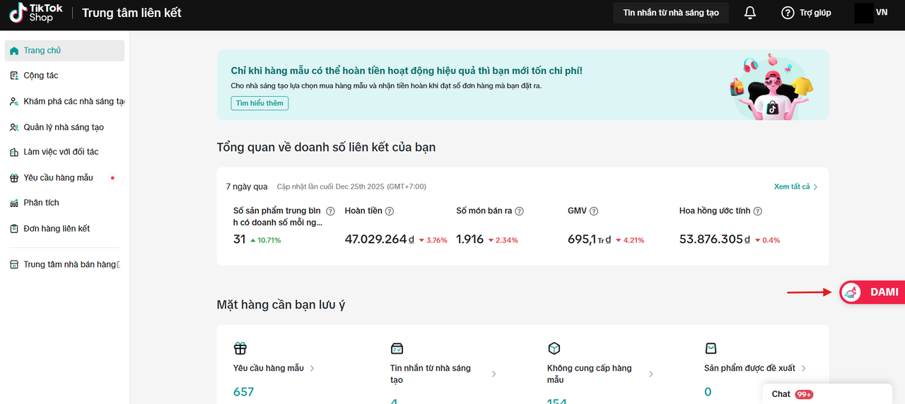 Mở tiện ích DAMI từ Trung tâm liên kết