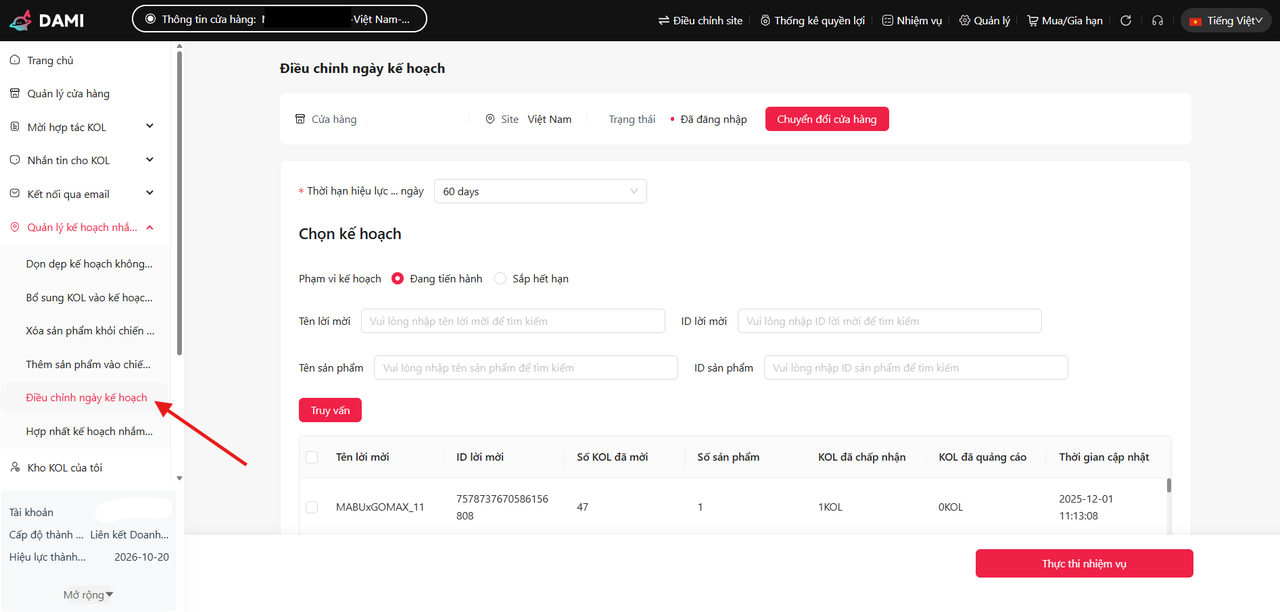 Điều chỉnh ngày kế hoạch