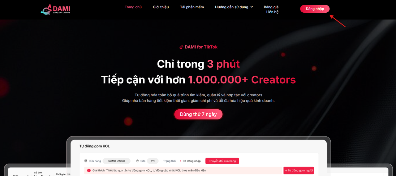 Trang đăng ký tài khoản DAMI