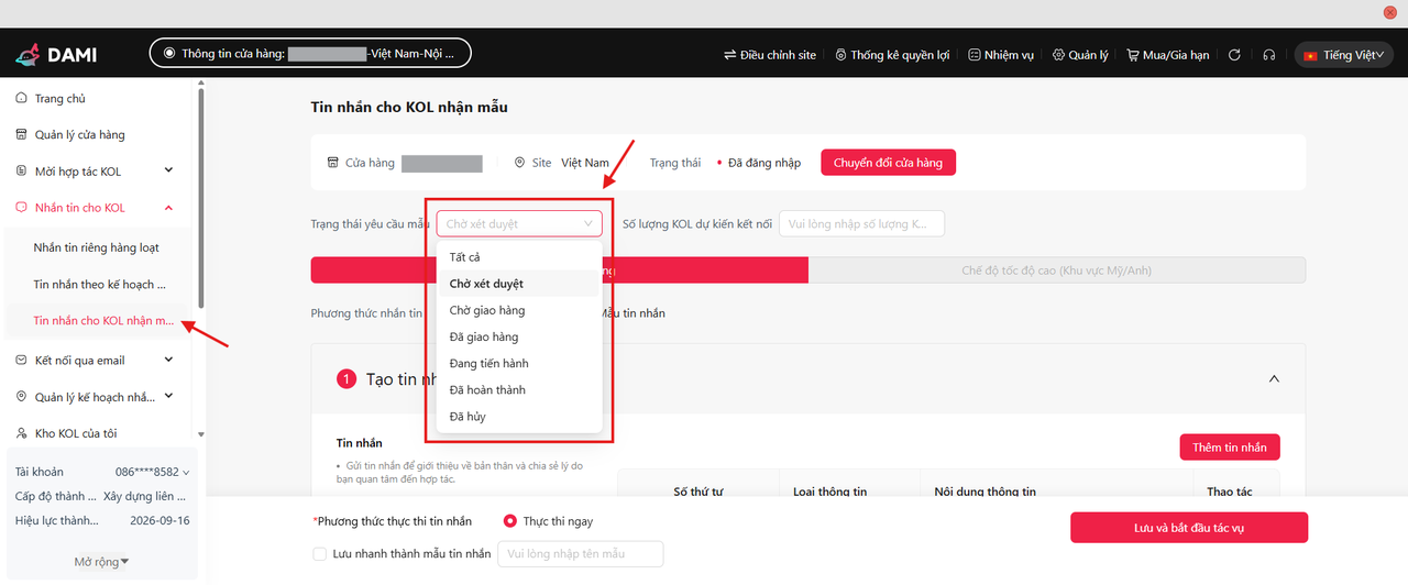 Tin nhắn cho KOL nhận mẫu