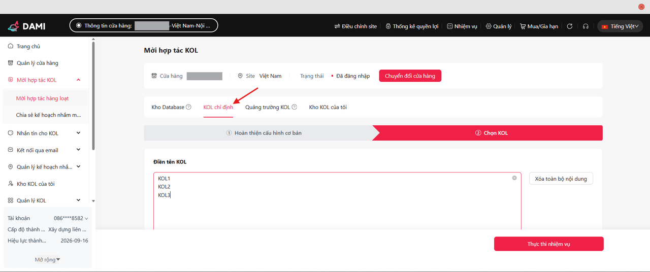 Nhập KOL chỉ định